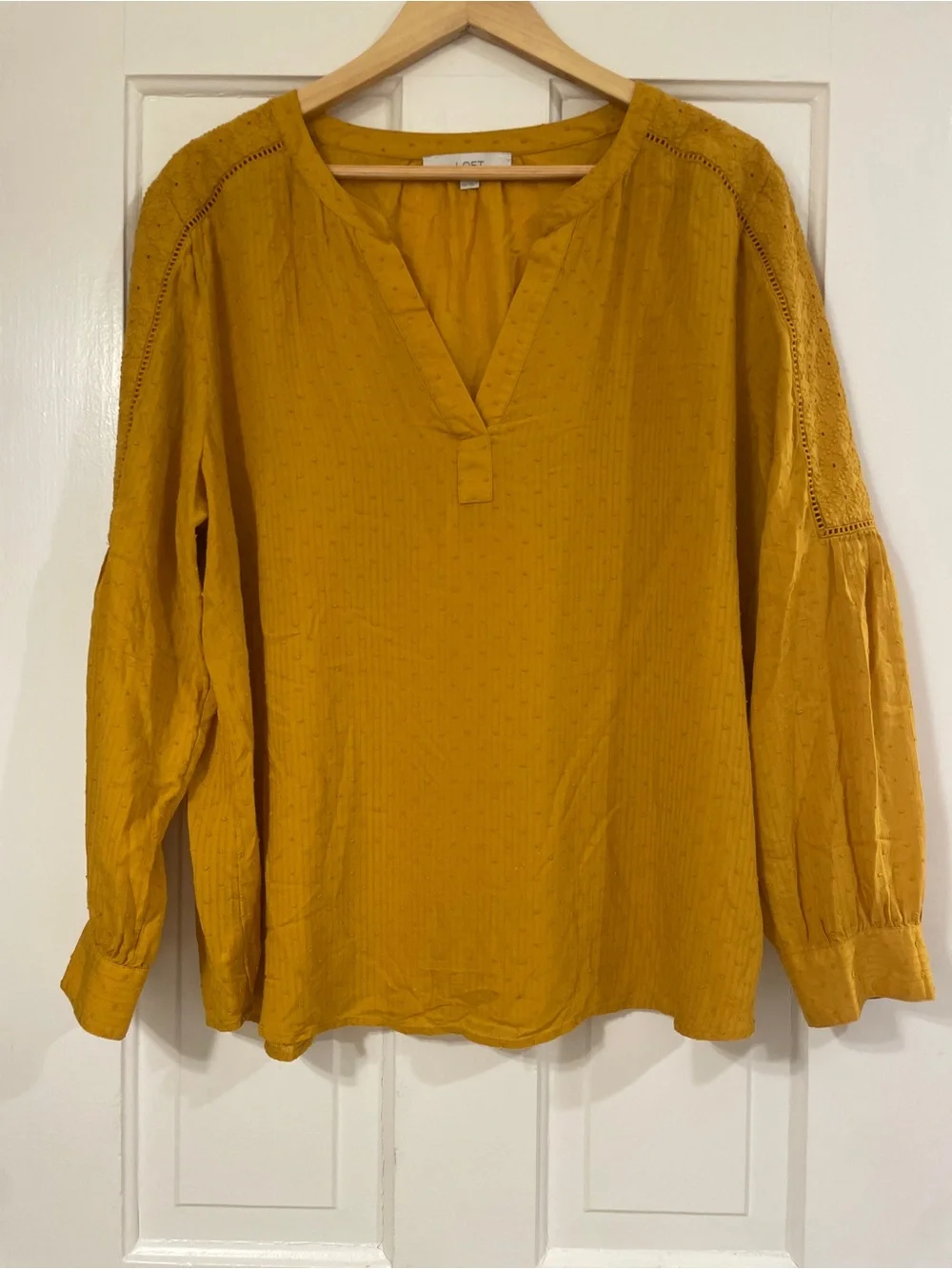LOFT Mustard Yellow Swiss Dot Embroidered V-Neck Boho Blouse Size XXL
